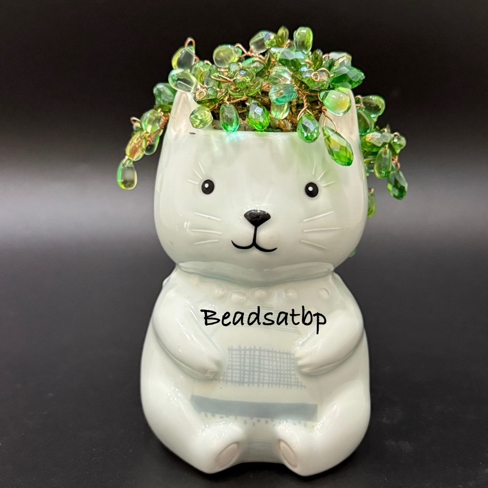 Handmade Beaded Forever Plant Crystal Teardrop Beads 4.5” Ceramic Bear Planter